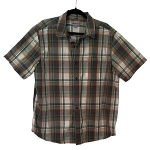 Carhartt Men's Brown Green Plaid Button Down Short Sleeve Cotton Shirt EUC XL